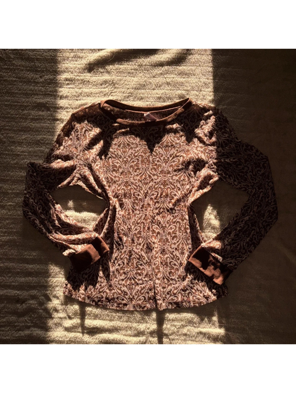 Sheer Brown Patterned Fall Y2K 90’s Long Sleeve - Picture 2 of 6